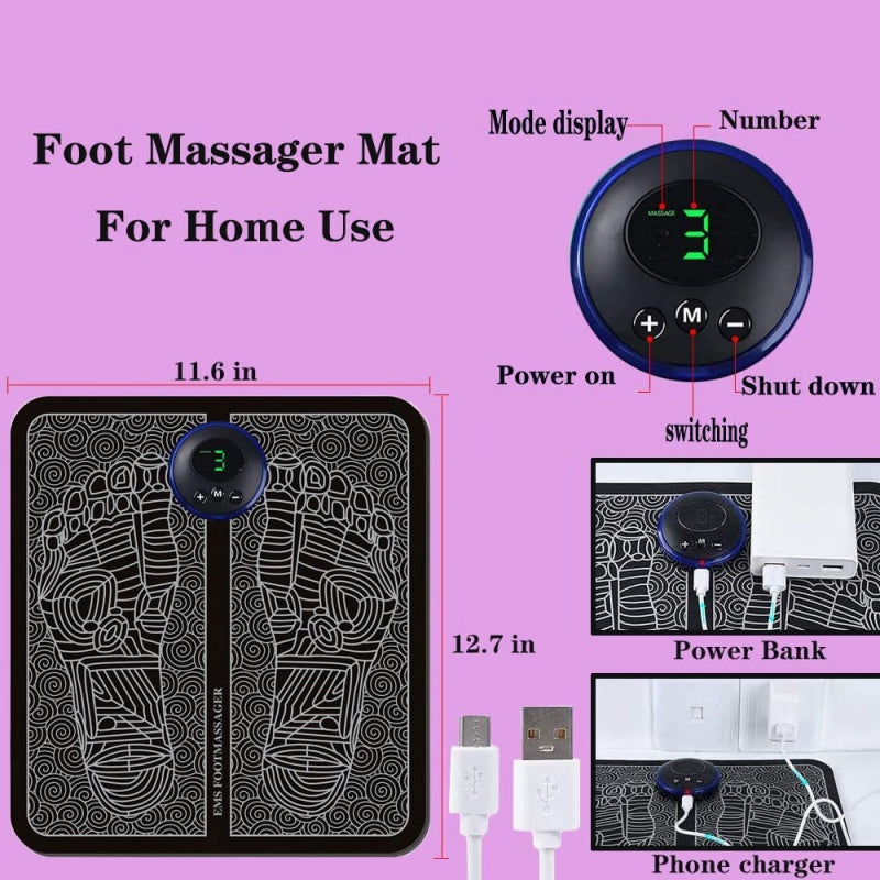 EMS Electric Foot Massager Mat – Smart Display USB Rechargeable Foot Massage Pad