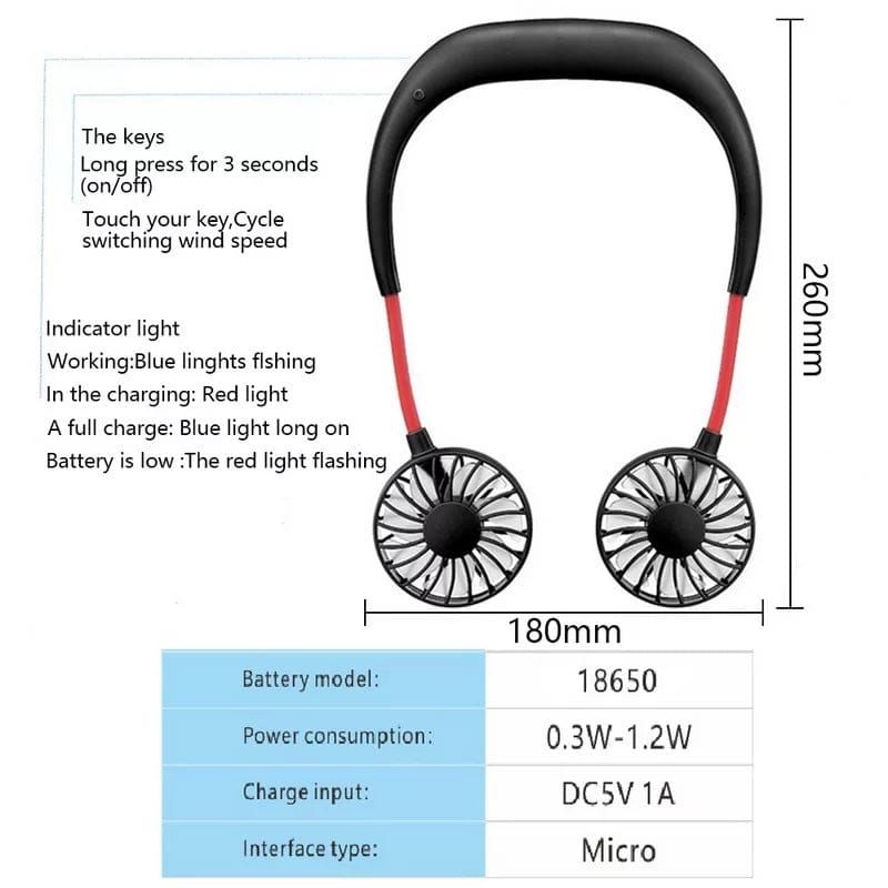 Portable Neck Fan – 360° Rotating Hands-Free USB Rechargeable Wearable Cooling Fan (Random Color)