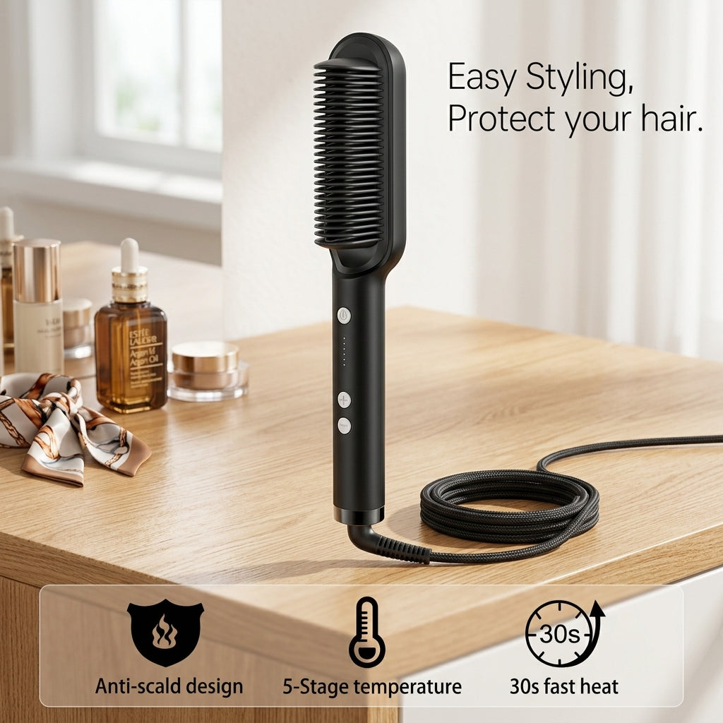 Professional Hair Straightener Brush – Ceramic Heated Comb with 5 Temperature Settings