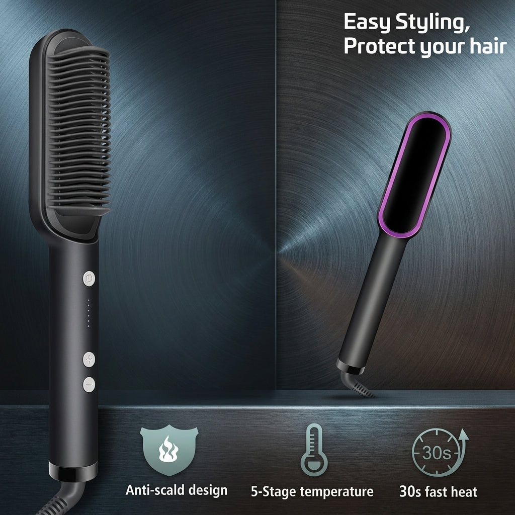 Professional Hair Straightener Brush – Ceramic Heated Comb with 5 Temperature Settings
