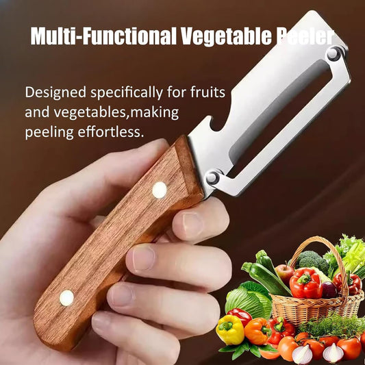 3-in-1 Stainless Steel Kitchen Peeler – Multi-Functional Vegetable Peeler with Wooden Handle & Bottle Opener