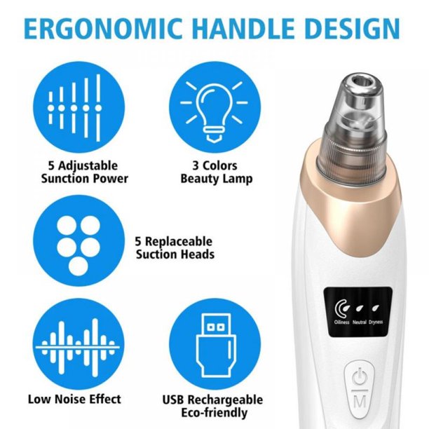 Electric Blackhead Remover Pore Vacuum – 3 Suction Levels, 5 Heads & USB Rechargeable Facial Cleaner