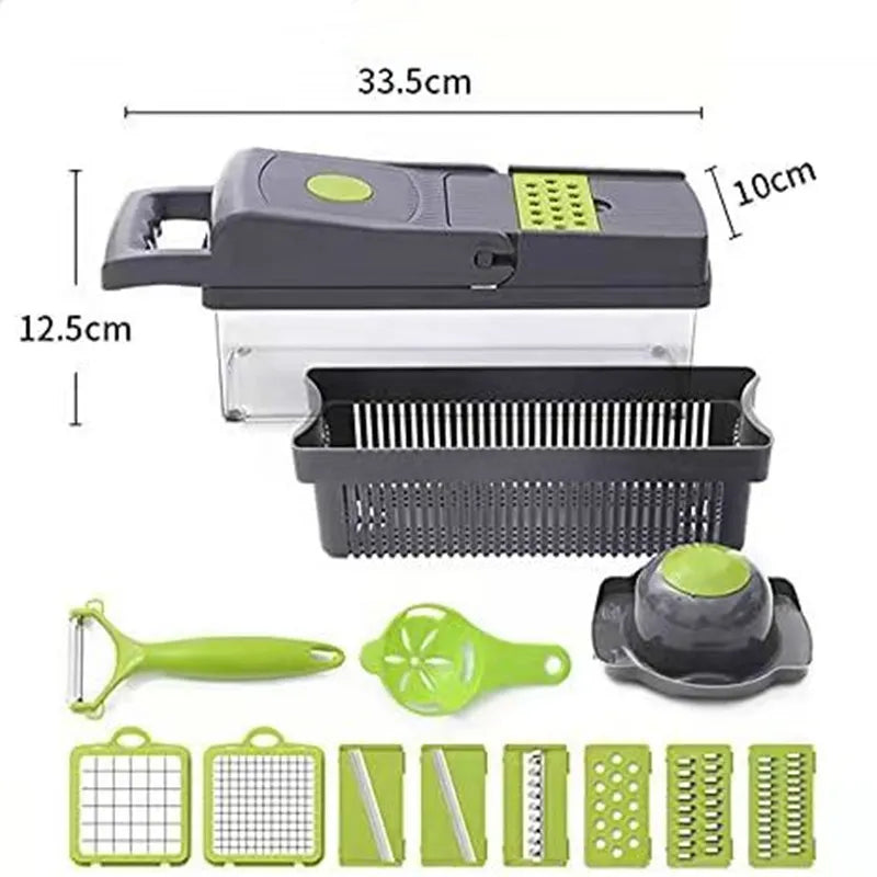 16-in-1 Multifunctional Vegetable Chopper & Slicer – Manual Food Cutter with Colander & Storage Container