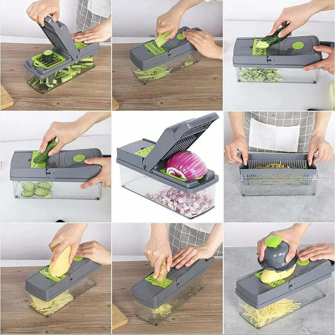 16-in-1 Multifunctional Vegetable Chopper & Slicer – Manual Food Cutter with Colander & Storage Container