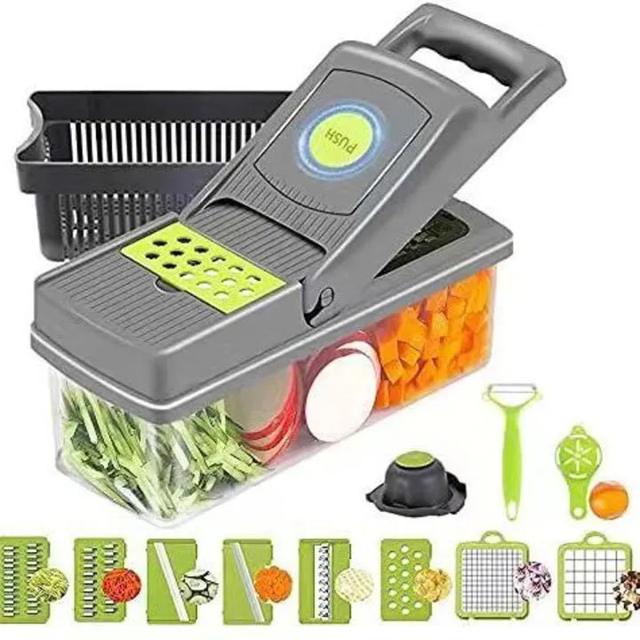16-in-1 Multifunctional Vegetable Chopper & Slicer – Manual Food Cutter with Colander & Storage Container