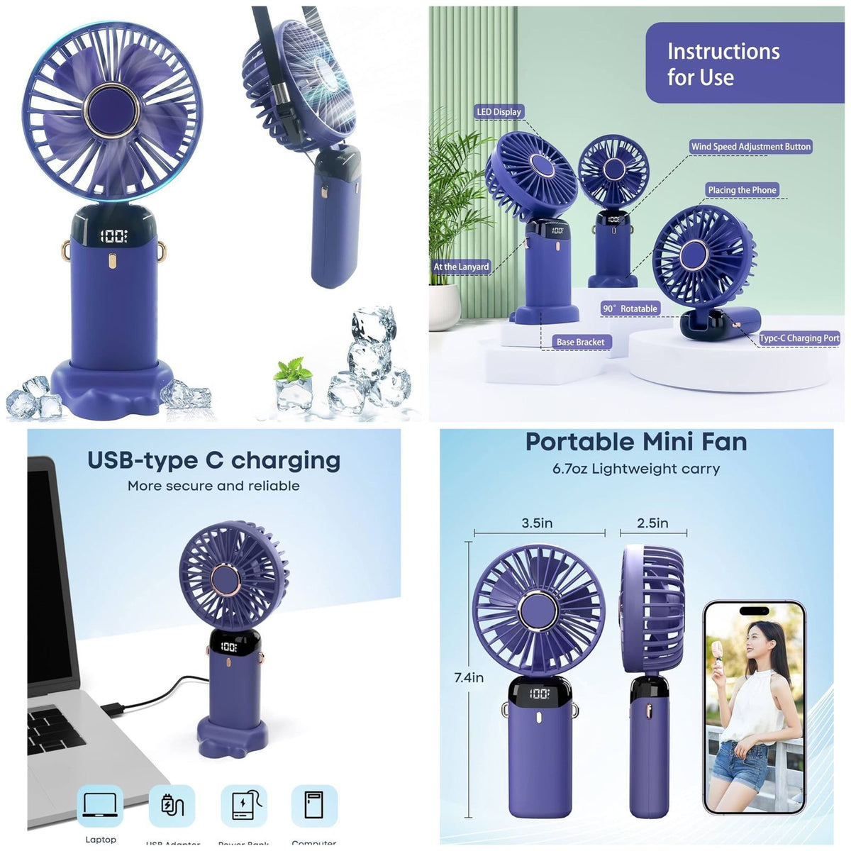 Digital Display Portable Mini Fan – 5-in-1 USB-C Rechargeable Handheld Fan