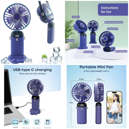 Digital Display Portable Mini Fan – 5-in-1 USB-C Rechargeable Handheld Fan