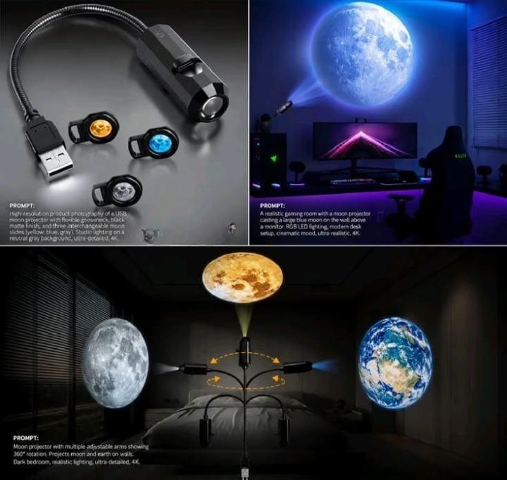 USB Moon & Earth Projector Light – 360° Flexible Gooseneck with 3 Interchangeable Film Slides