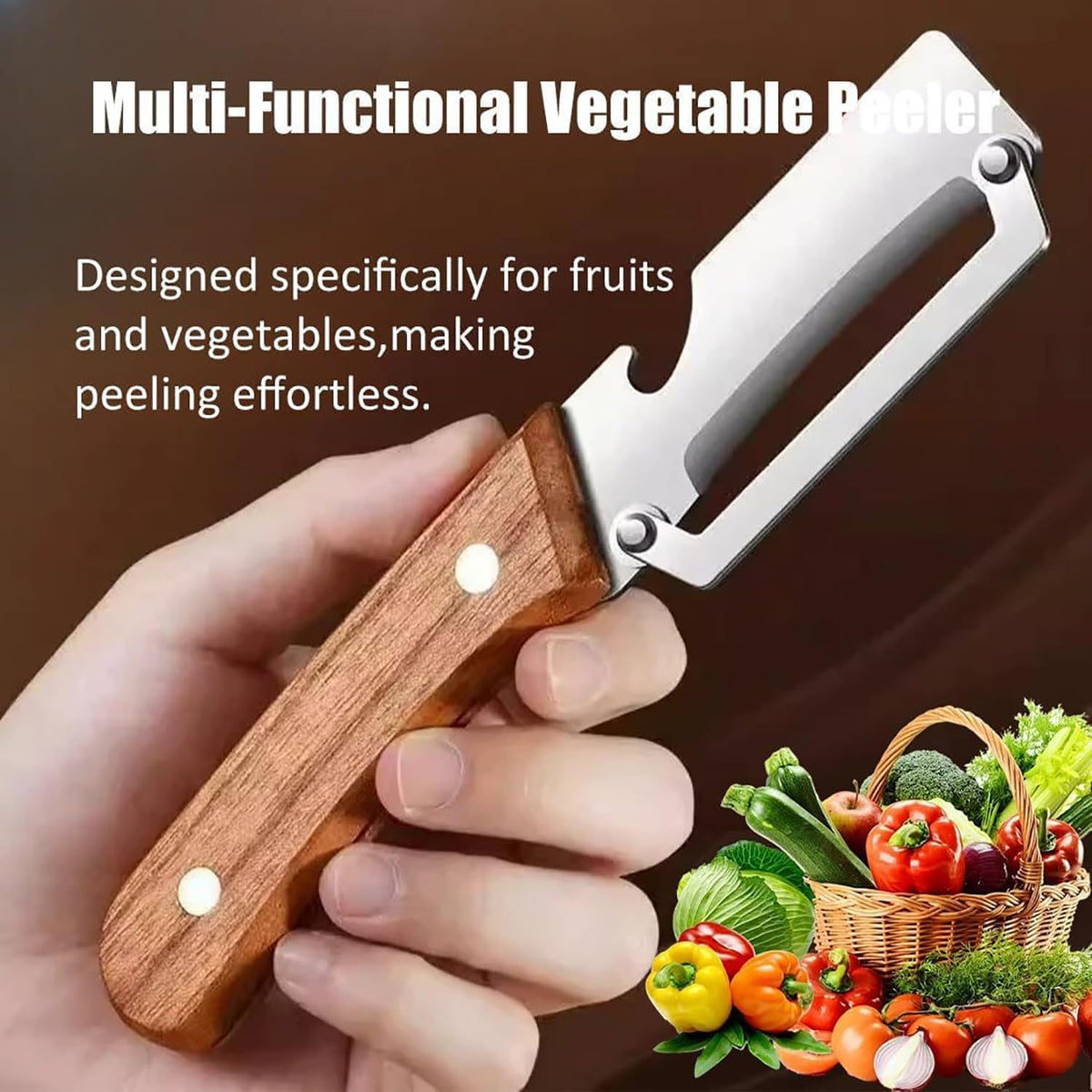 3-in-1 Stainless Steel Kitchen Peeler – Multi-Functional Vegetable Peeler with Wooden Handle & Bottle Opener