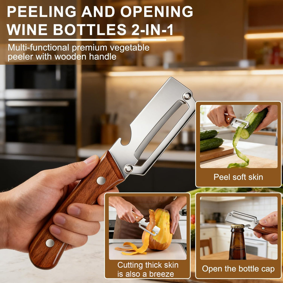3-in-1 Stainless Steel Kitchen Peeler – Multi-Functional Vegetable Peeler with Wooden Handle & Bottle Opener
